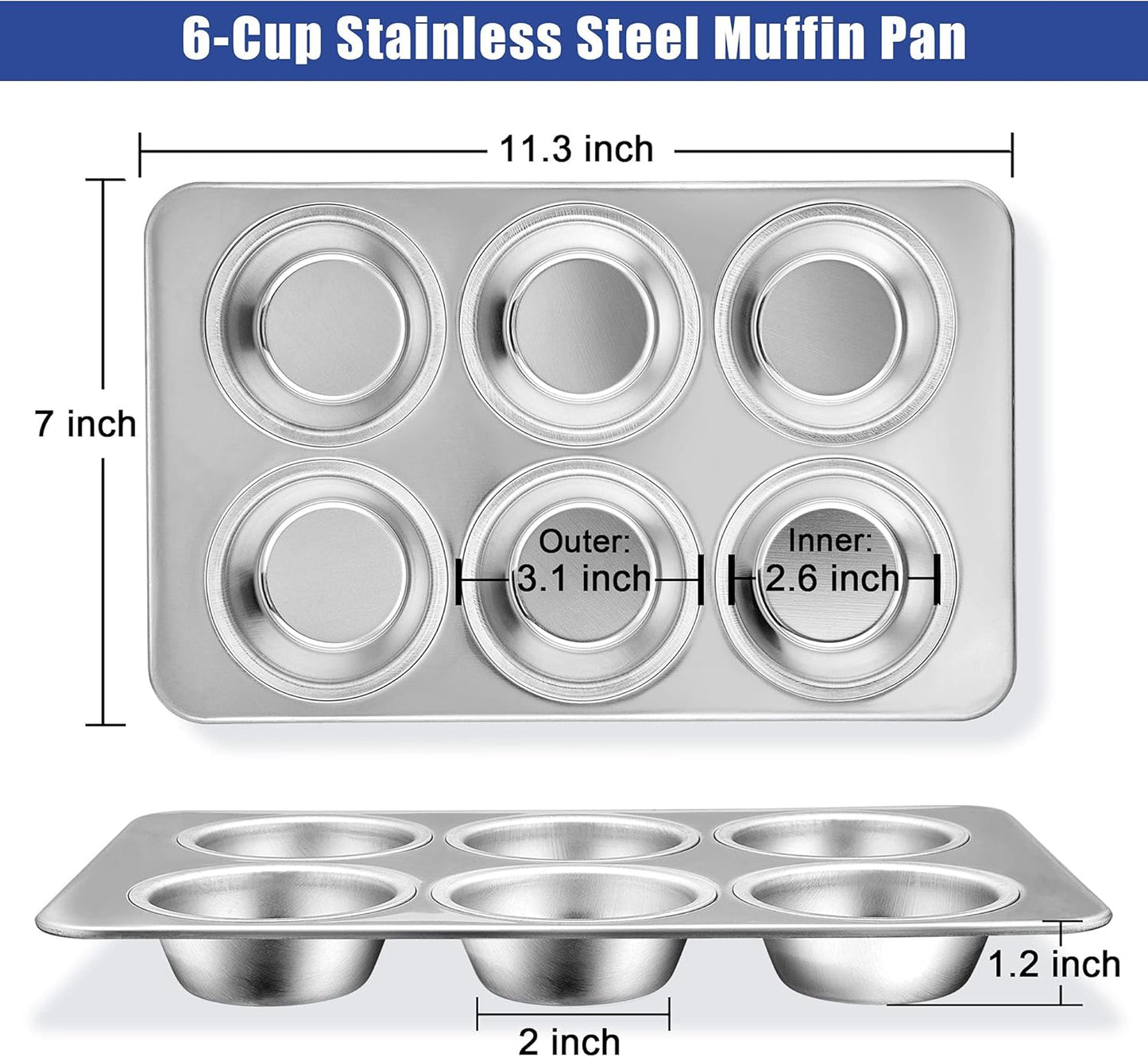 TeamFar Muffin Pan Set of 4, 6 Cup Muffin Tins Pans For Baking, Cupcake Pan Tray Set Stainless Steel for Baking Muffins Cakes Tarts and More, Healthy & Sturdy, Oven & Dishwasher Safe