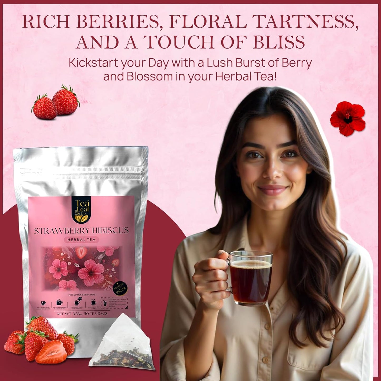 Tealeaf & Co. Strawberry Hibiscus Tea Bags Blended with Fresh Herbs and Spices - Herbal Tea Bags with Organic Spices, Berries & Dried Hibiscus Flower Extract - Low Caffeine - Gluten Free - 50 Teabags