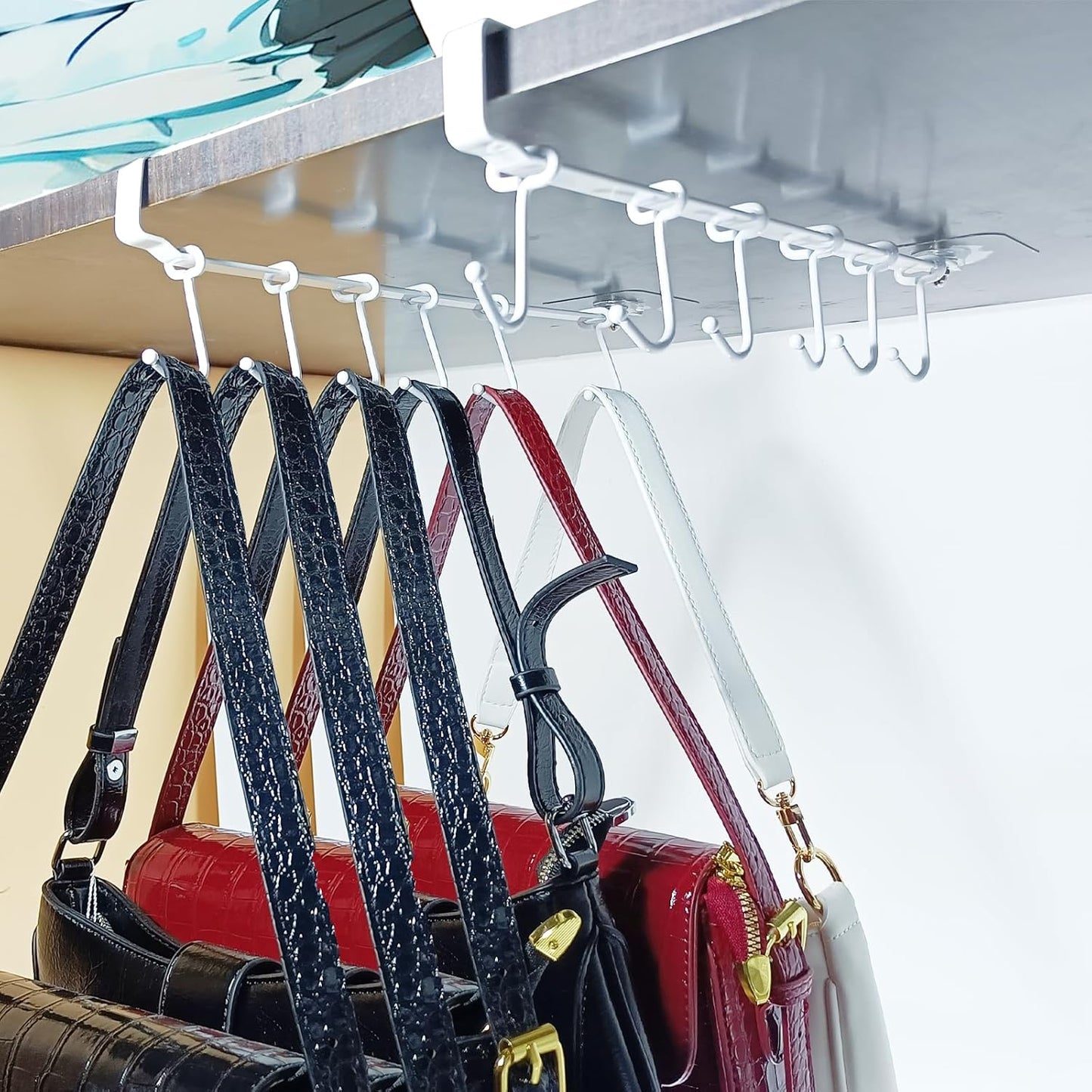 Adjustable Under Cabinet Coffee Mug Holder - Space-Saving Solution for Your Kitchen-Standard Cabinet Water Cup Organizer-2 Sets （12 Mobile Hooks-White）