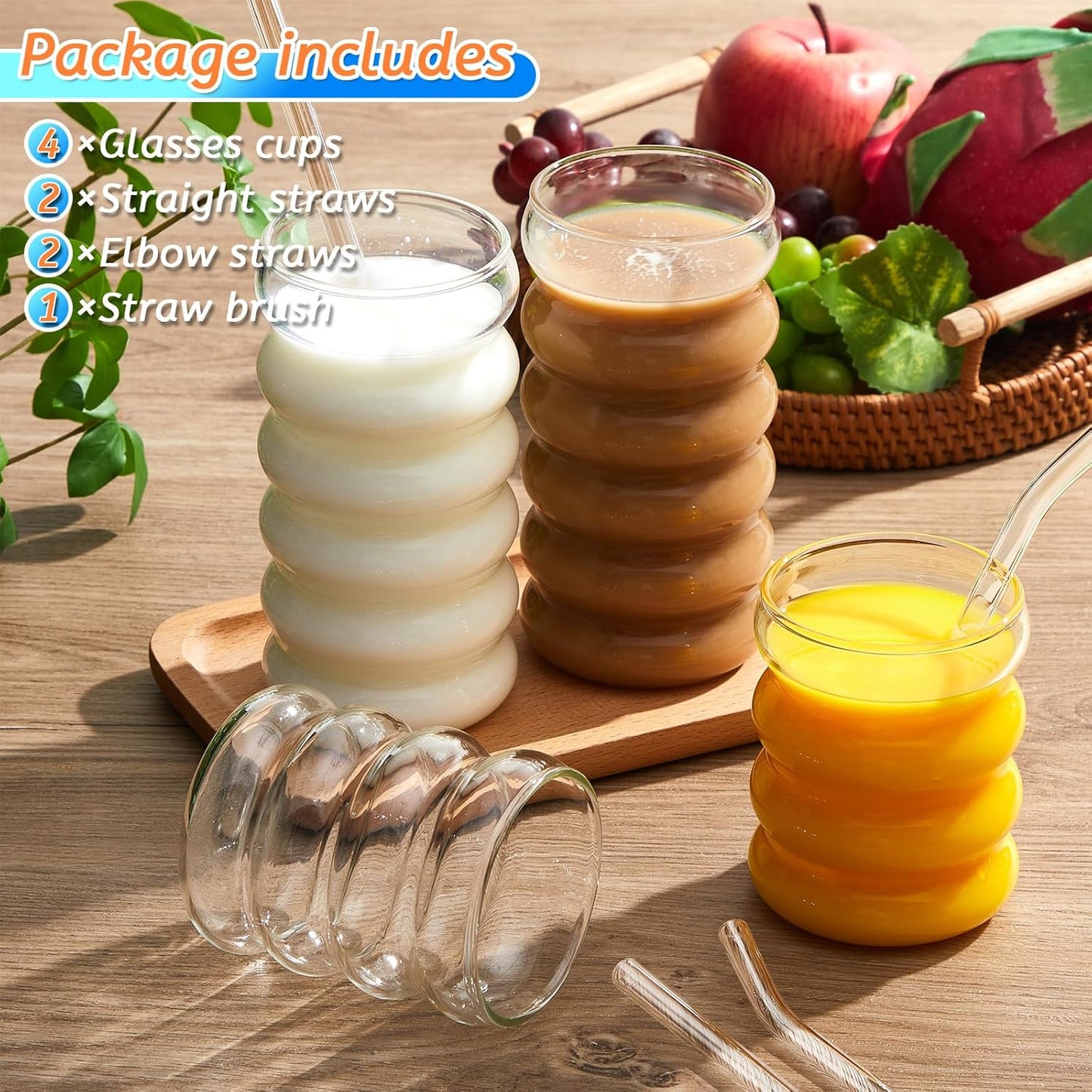 Tessco for you 4 Pcs Creative Glass Cups Vintage Drinking Glasses Ribbed Glassware Aesthetic Cup Entertainment Dinnerware Glassware with Straws Set for Kitchen Coffee Beverage(13.5 Oz, 16 oz,Clear)