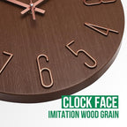 Wall Clock 12 Inch Silent Non-Ticking Imitation Wood Indoor Clock Round Brown - Image 5