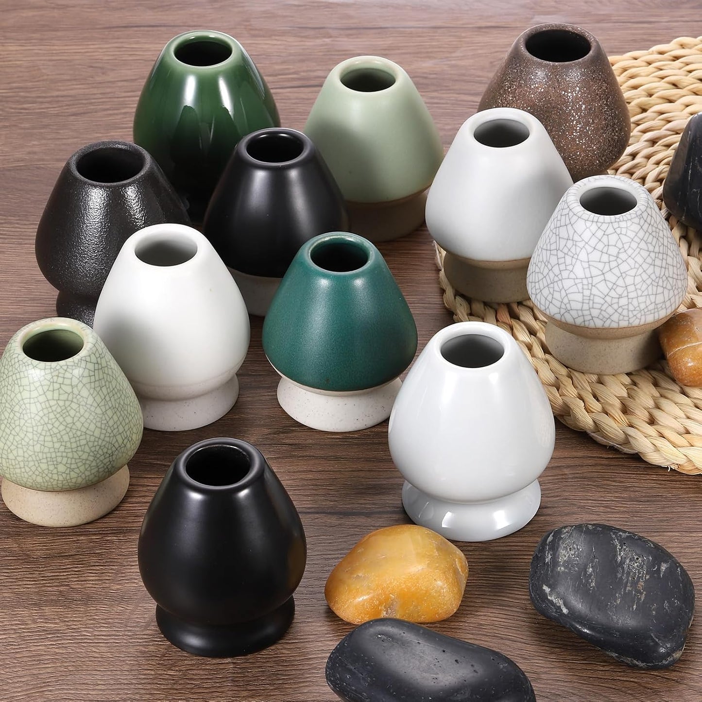 HARFINGTON Ceramic Chasen Stand 73mm Matcha Whisk Holder Teas Set Whisks Stand Traditional Matcha Tea Chasen Holder Tea Set Accessories for Tea Tasting, Dark Green