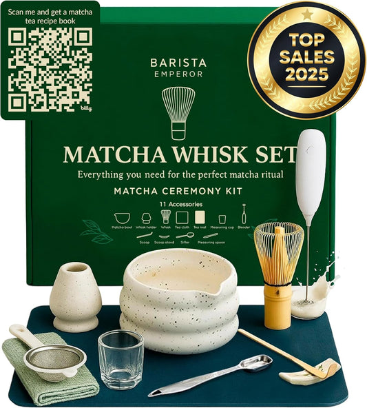 BARISTA EMPEROR® PREMIUM 11pcs MATCHA WHISK SET - Professional Matcha Kit Set with Matcha Bowl, Matcha Whisk, Milk Frother, Spoon, Matcha Sifter, Scoop, Scoop Stand, Measuring Cup, Tea Mat and Cloth