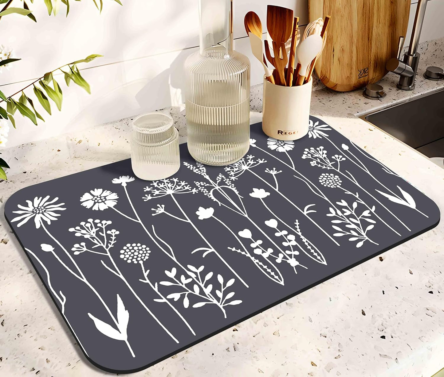 Dish Drying Mat for Kitchen Counter 20x12in Washable Quick Dish Drying Pad Rubber Backed Absorbent Draining Mat Fit Kitchen Counter,Bar,Under Sink,Dishes,Utensils,Dish Rack