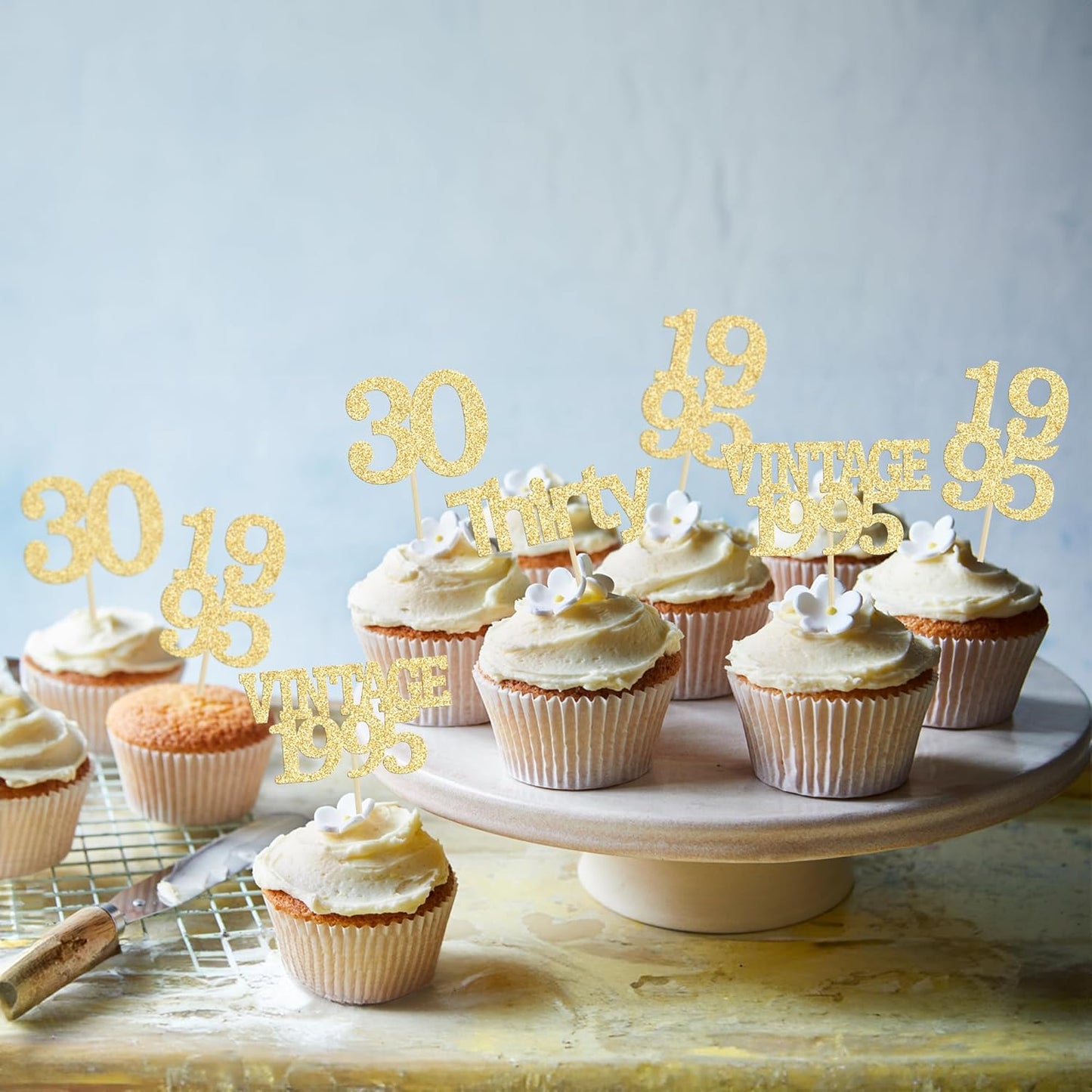 Gyufise 24Pcs Happy 30th Birthday Cupcake Toppers Glitter Thirty 30 Fabulous Vintage 1995 Cupcake Picks for 30th Birthday Wedding Anniversary Party Cake Decorations Supplies Gold