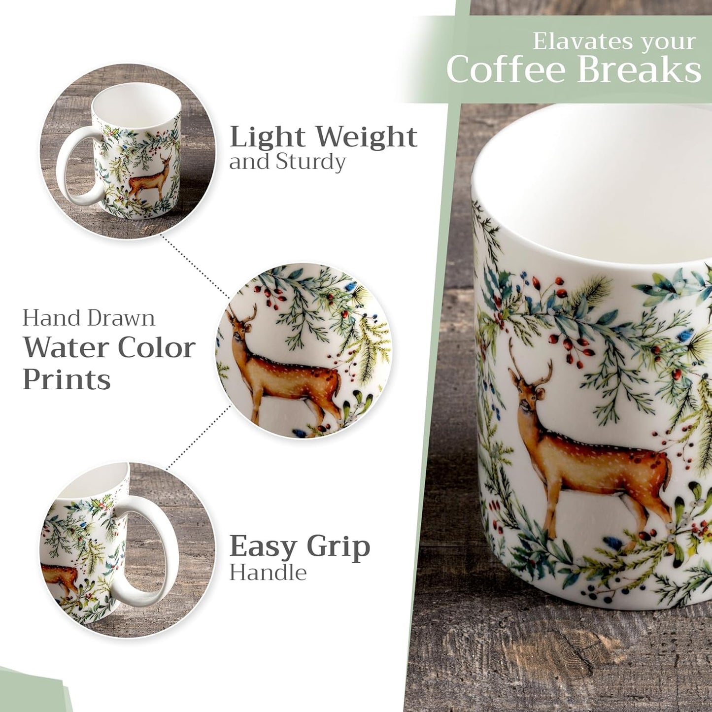 Maison d' Hermine Coffee Mug with Handles Fine Bone China Mugs Pack of One Tea Cups for Hot Beverages Cappuccino Latte Home Restaurant Office Perfect for Gift (Holly Time - Biche, 15 Ounce)