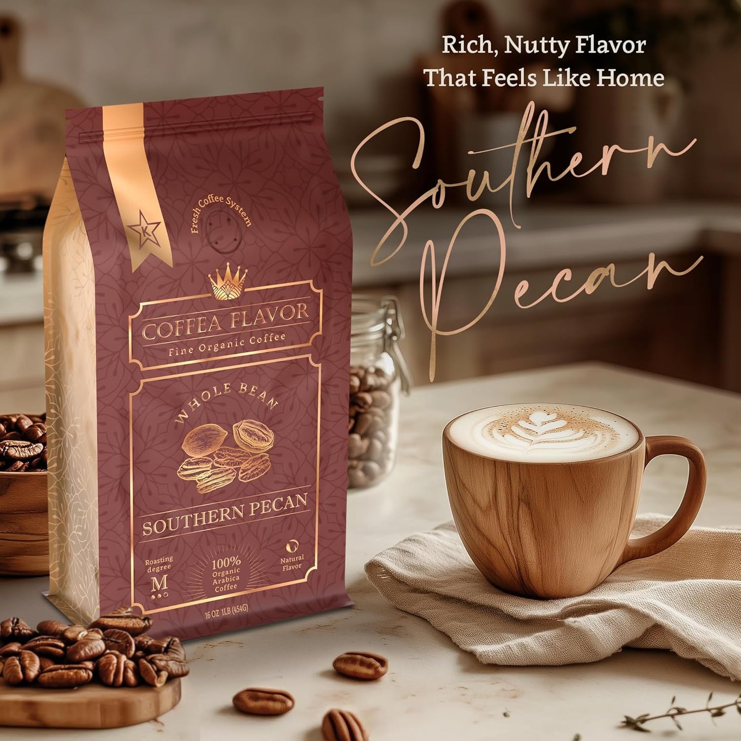 Southern Pecan Flavored Whole Bean Coffee – Organic, Medium Roast, 100% Arabica, Single Origin – Naturally Flavored – by Coffea Flavor