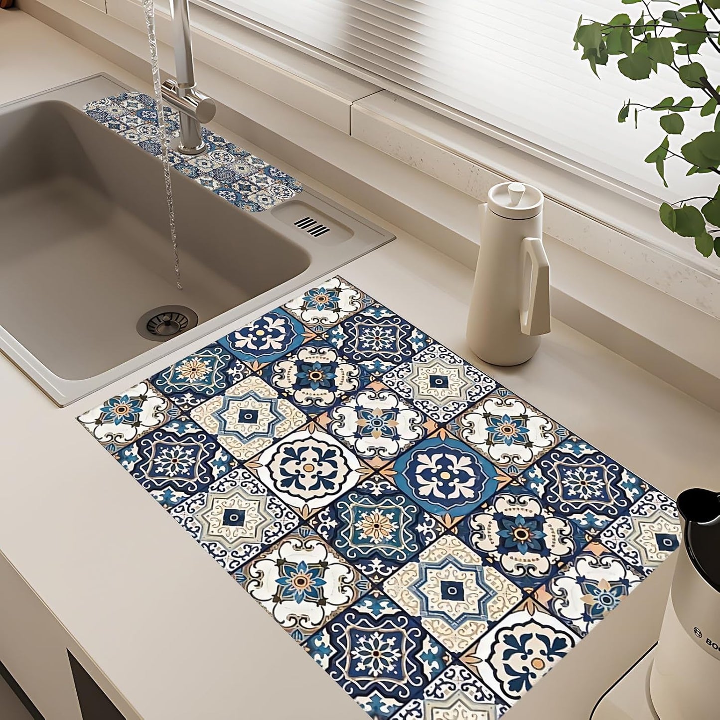 2Pcs Dish Drying Mats Faucet Mats Sets Large Size Coffee Mats Sink Faucet Mat Splash Guard for Kitchen Counter Bathroom Sink Coffee Bar Kitchen Decor (Blue Boho, 18"x24" 15" x 5.5"Set)