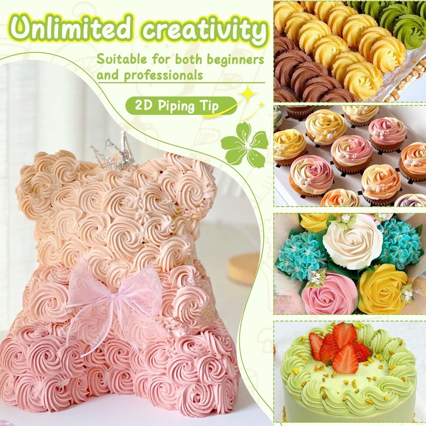 Hendiy 3pcs 2D Cake Piping Tips with 20 Piping Bags, Large Piping Nozzles Decorating Tips, Cake Baking Tools for Cookie Icing Cupcakes, Buttercream,Birthday Cake, Cupcake, DIY Art