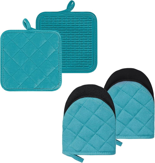 Oven Mitts and Pot Holders Set, Pack of 4, Heat Resistant Silicone Kitchen Mini Oven Mittens for 500 Degrees, Mini Oven Gloves and Hot Pads for Baking Grilling Barbecue Microwave Machine Washable