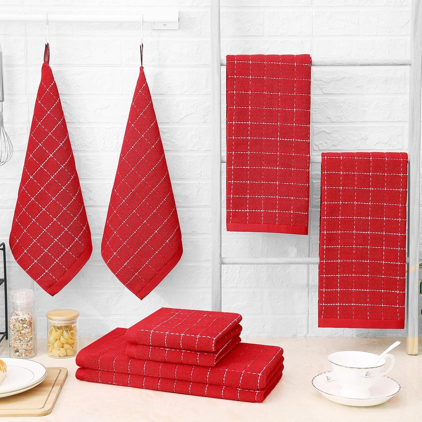 Homaxy 100% Cotton Terry Kitchen Towels(Red, 13 x 28 inches), Checkered Designed, Soft and Super Absorbent Dish Towels, 12 Pack