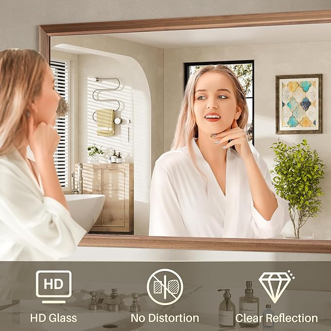 72x32 Inch Bathroom Mirror for Wall, Anti-Rust Walnut Wood Grain Metal Framed - Image 6