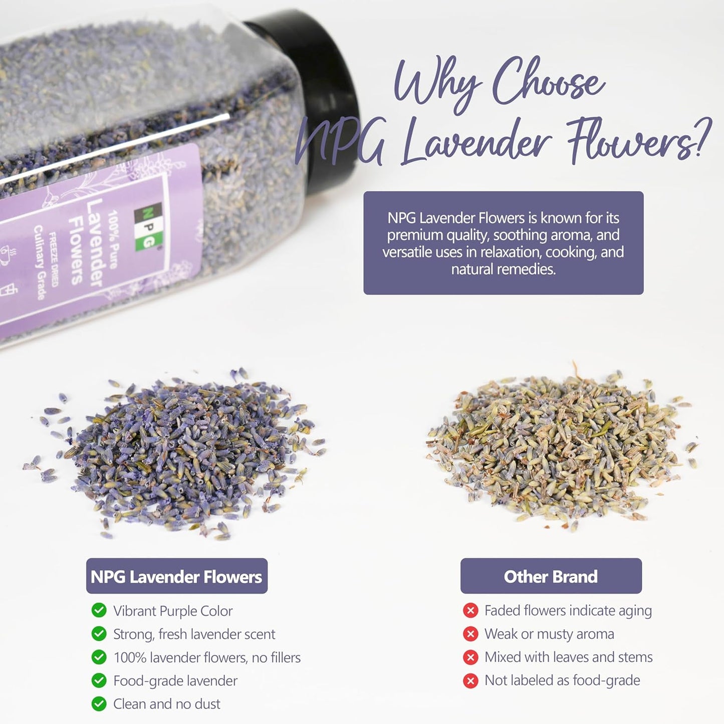 NPG Freeze Dried Lavender Flowers 4 Oz, Culinary Grade Lavender Buds for Tea, Baking, DIY Soap, Candle Making, Potpourri, Natural Fragrance Sachets, All-Natural, Non-GMO, Gluten-Free
