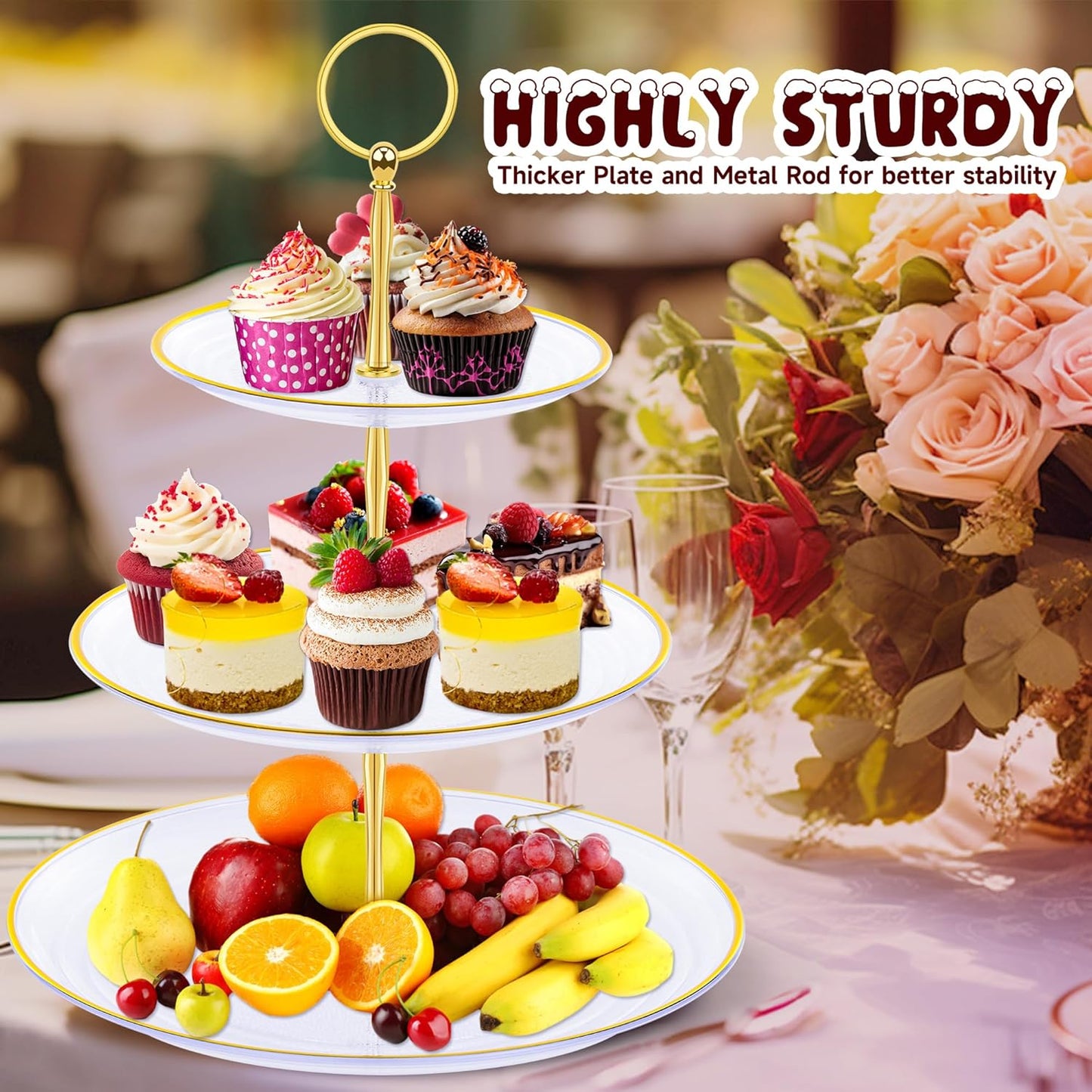PinCute Cupcake Stand Holder - 3 Tier Cup Cake Dessert Stands, Plastic Tiered Serving Tray&Metal Rod for Birthday Party, Wedding, Tea Party, Baby Shower-Transparent