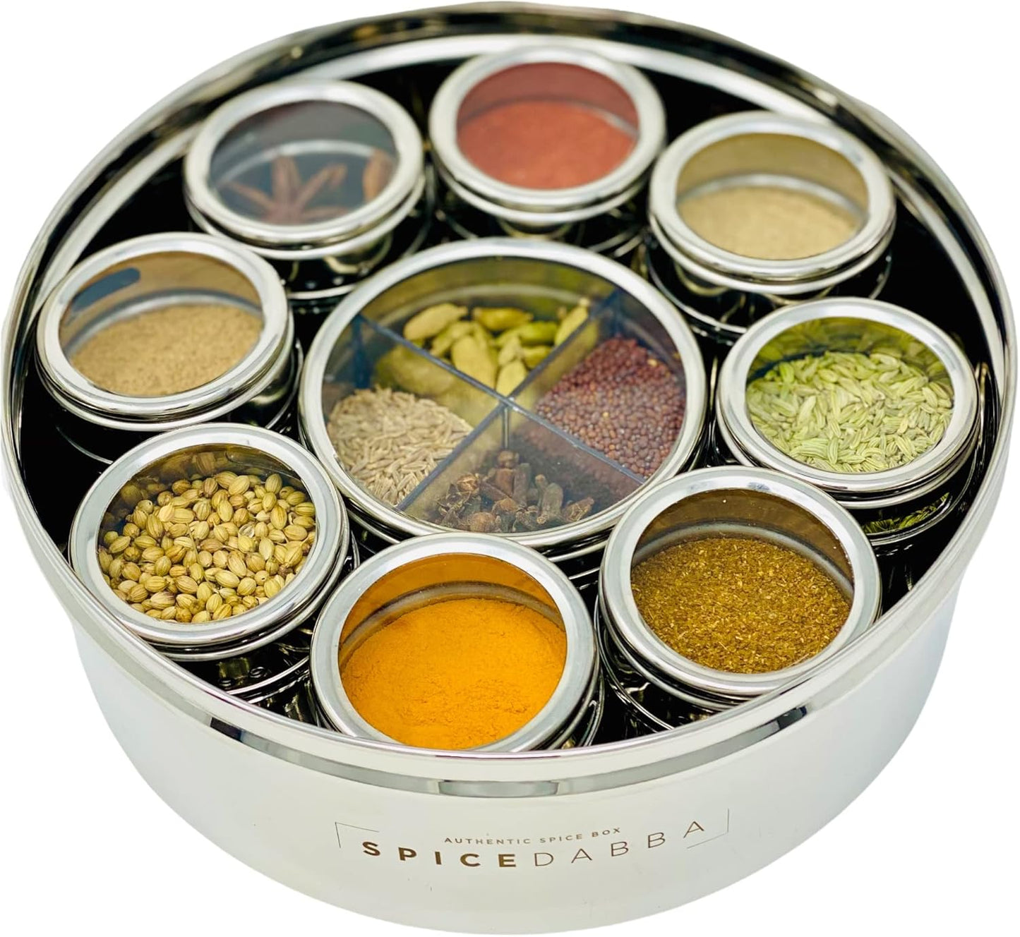 spice dabba Stainless Steel Indian Spice Box,Steel Masala Dabba 12 Spices,Lid Spice Box,Authentic Spices,Masala Box with Individual containers|Size 9 x 9 x 3 IN 3 LB (Indian Spice Box with Spices)
