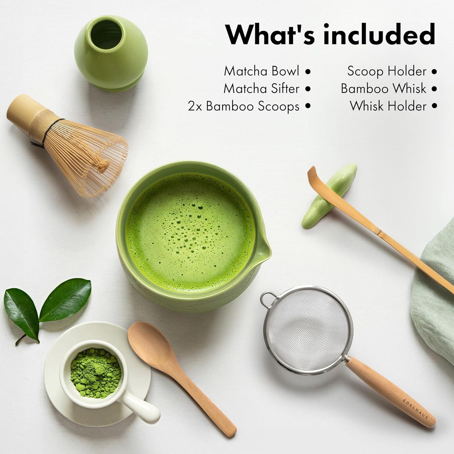 Matcha Whisk Set (7 Pcs) - Complete Matcha Set, Matcha Bowl with Spout, Whisk with Holder, Bamboo Scoop with Rest and Sifter, Perfect Kit for Matcha Lovers (Green Mist)