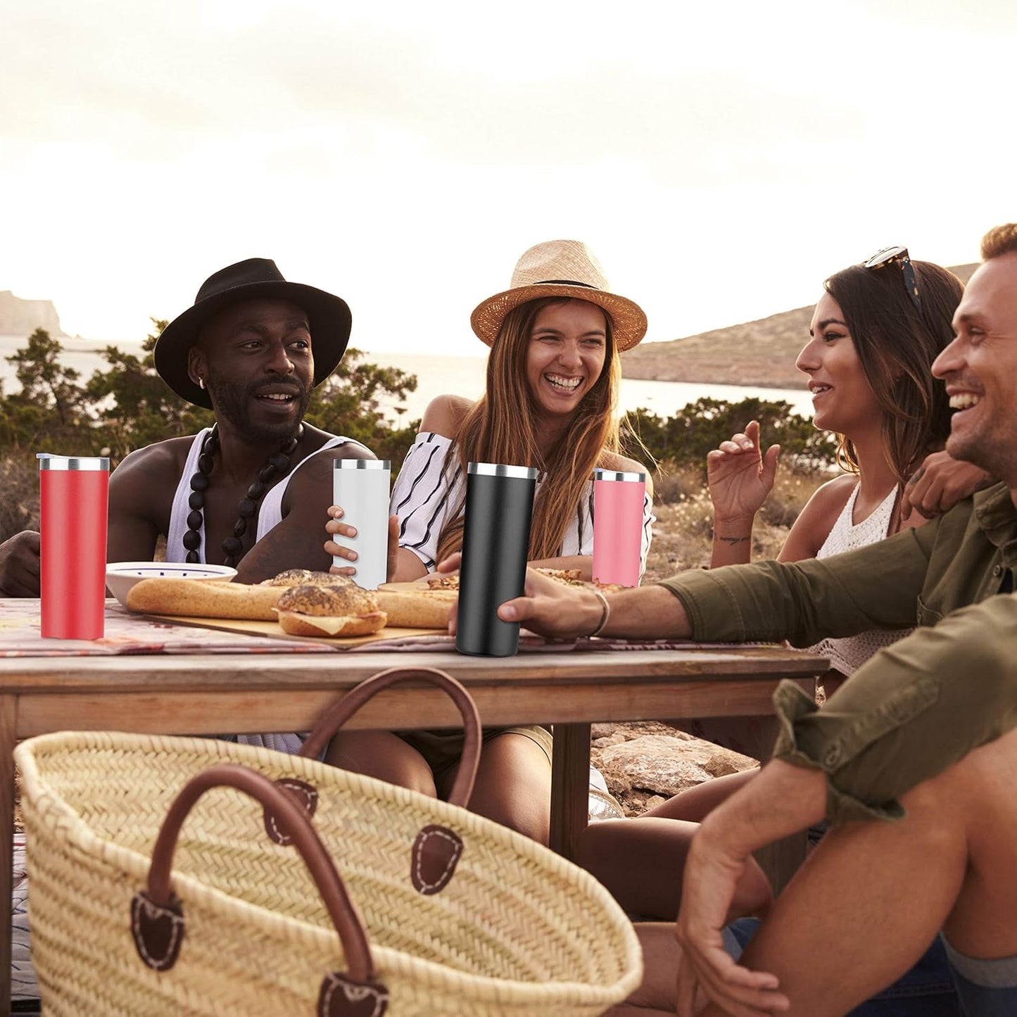 HASLE OUTFITTERS 20 oz Skinny Tumblers Bulk Set, Stainless Steel Insulated Slim Tumblers with Lids, Reusable Double Wall Travel Coffee Mugs, Durable Powder Coated Travel Water Cups(Black, 4)