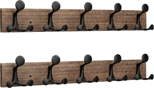 SKOLOO 24-Inch Wood Burnt Coat Rack Wall Mount with 5 Triple Hooks - Ideal for Family Entrances, Classrooms, and Pet Supplies Storage - Perfect Coat Hooks for Wall, Pack of 2