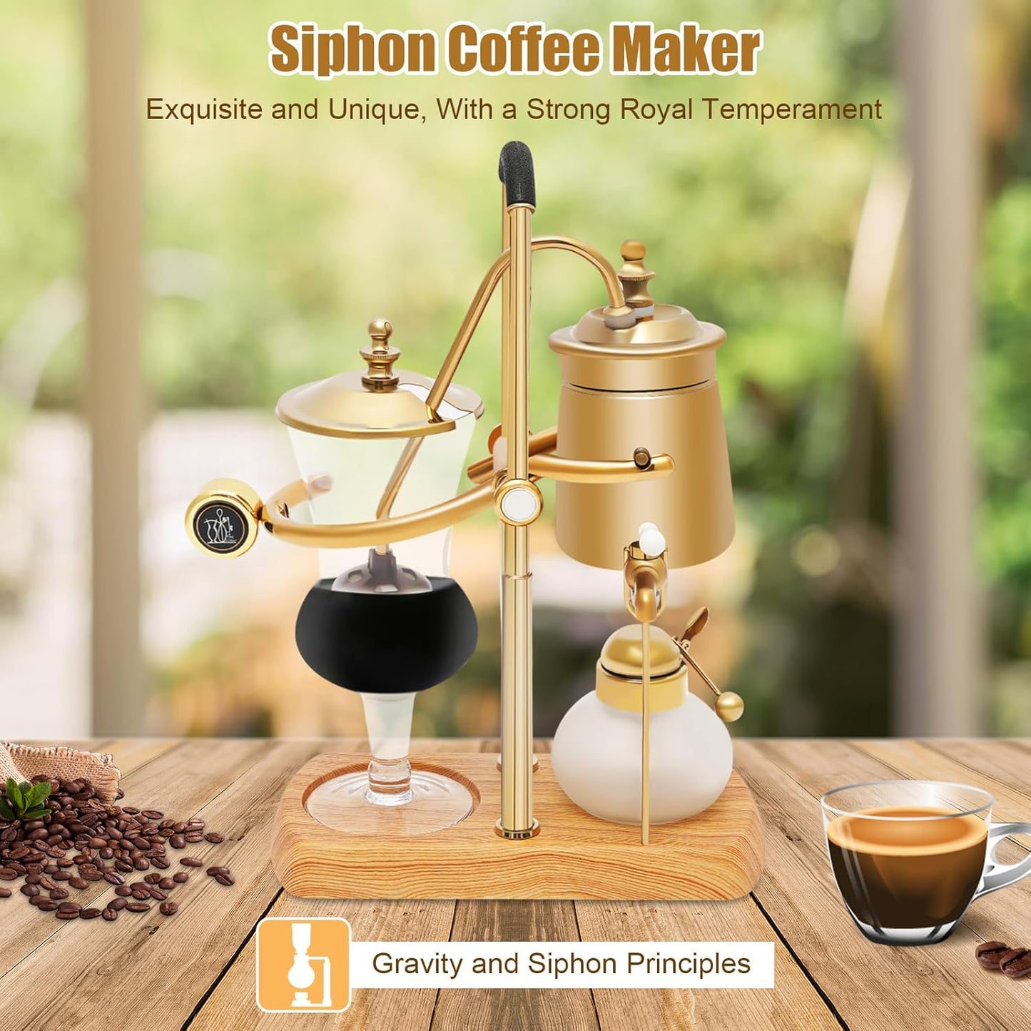 JOMCYDM Balance Syphon Coffee Maker Elegant Unique Belgian Machine for Coffee and Tea Easy to Clean Integrated Filter Gold Accents Decorative Design Best Tasting Coffee Espresso Brewer