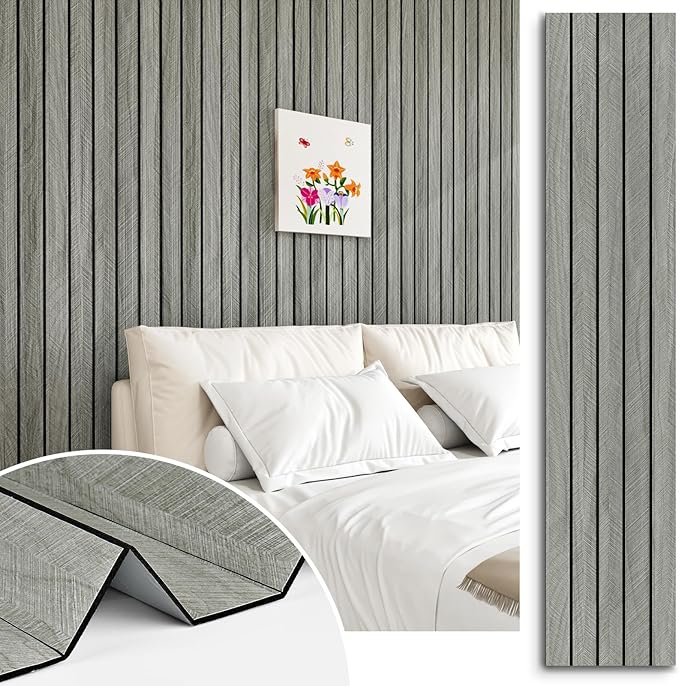 Grey Wood Wall Panels Textured Wood Slats 3D Soundproof Wall Panels Peel and by STICKEEP