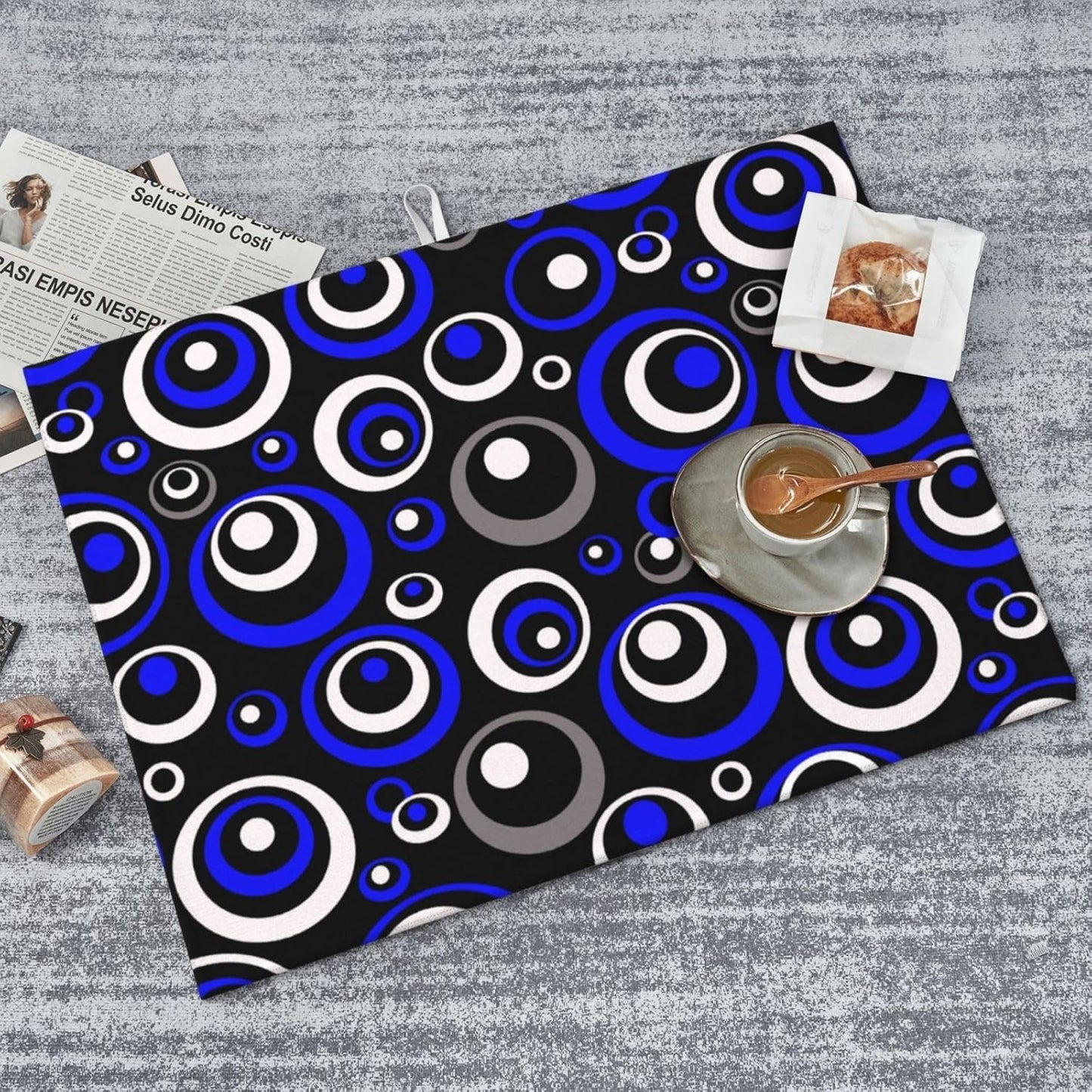 Blue Black White Geometric Circle Dish Drying Mat for Kitchen Counter, 18" x 24" Absorbent Microfiber Drying Pad for Dishes, Modern Decor Kitchen Mat, Foldable, for Sink Dining Area Small Appliances