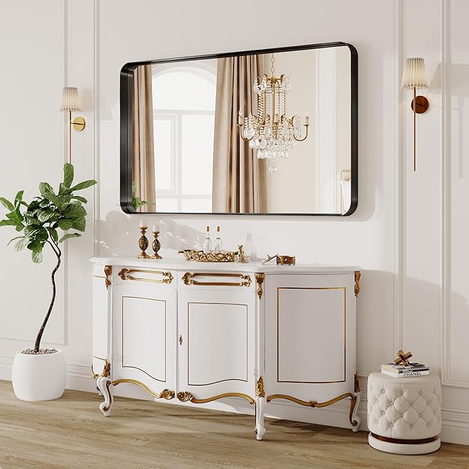 60X30 Inch Black Metal Framed Bathroom Mirror - Image 8