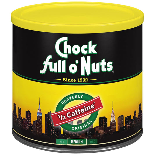 Chock full o’Nuts Heavenly Original Half Caffeine Ground Coffee – Premium Beans in Recyclable Steel Can – Rich Flavor & Aroma, Medium Roast – Perfect for Drip, Pour-Over, Percolator – 24 Oz Can
