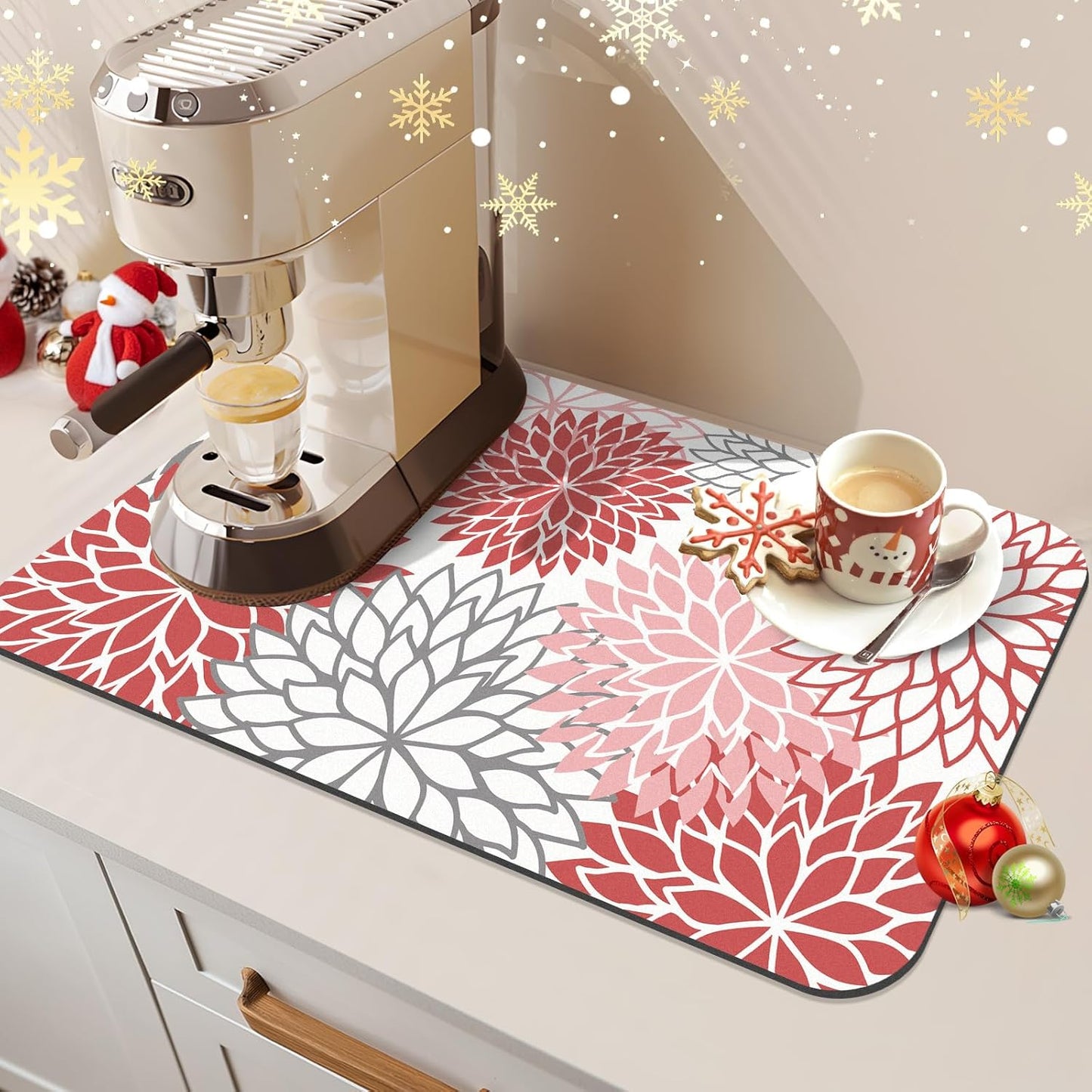 Findosom 2PCS 16" x 24" Christmas Dish Drying Mat & 24" x 5.5" Sink Splash Guard, Super Absorbent & Cuttable Dish Mat Drying Kitchen Mat with Red Floral, Hide Stain Drying Mat for Kitchen Counter