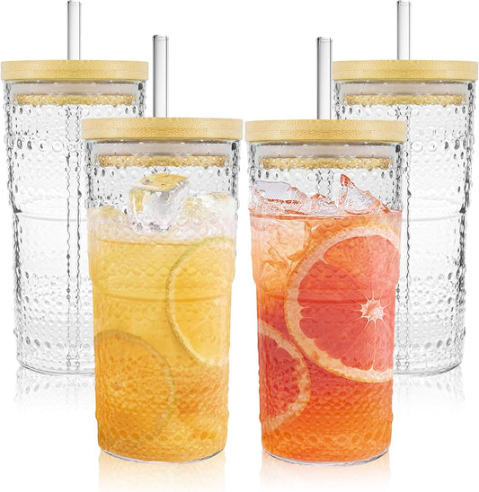 4 Pack 20oz Hobnail Drinking Glasses with Bamboo Lids and Glass Straw,High Borosilicate Glass Tumbler Cup Reusable Wide Mouth Smoothie Cups,Beer, Iced Coffee Glasses, Soda