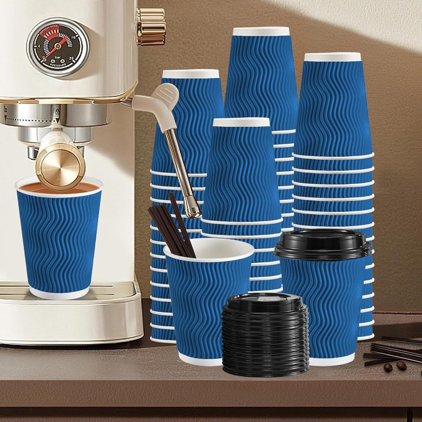 90 Pack 12 oz Disposable Coffee Cups with Lids and Straws, Insulated Ripple Wall To Go Paper Coffee Cups for Coffee, Hot Chocolate and Hot Tea Drinks - Navy