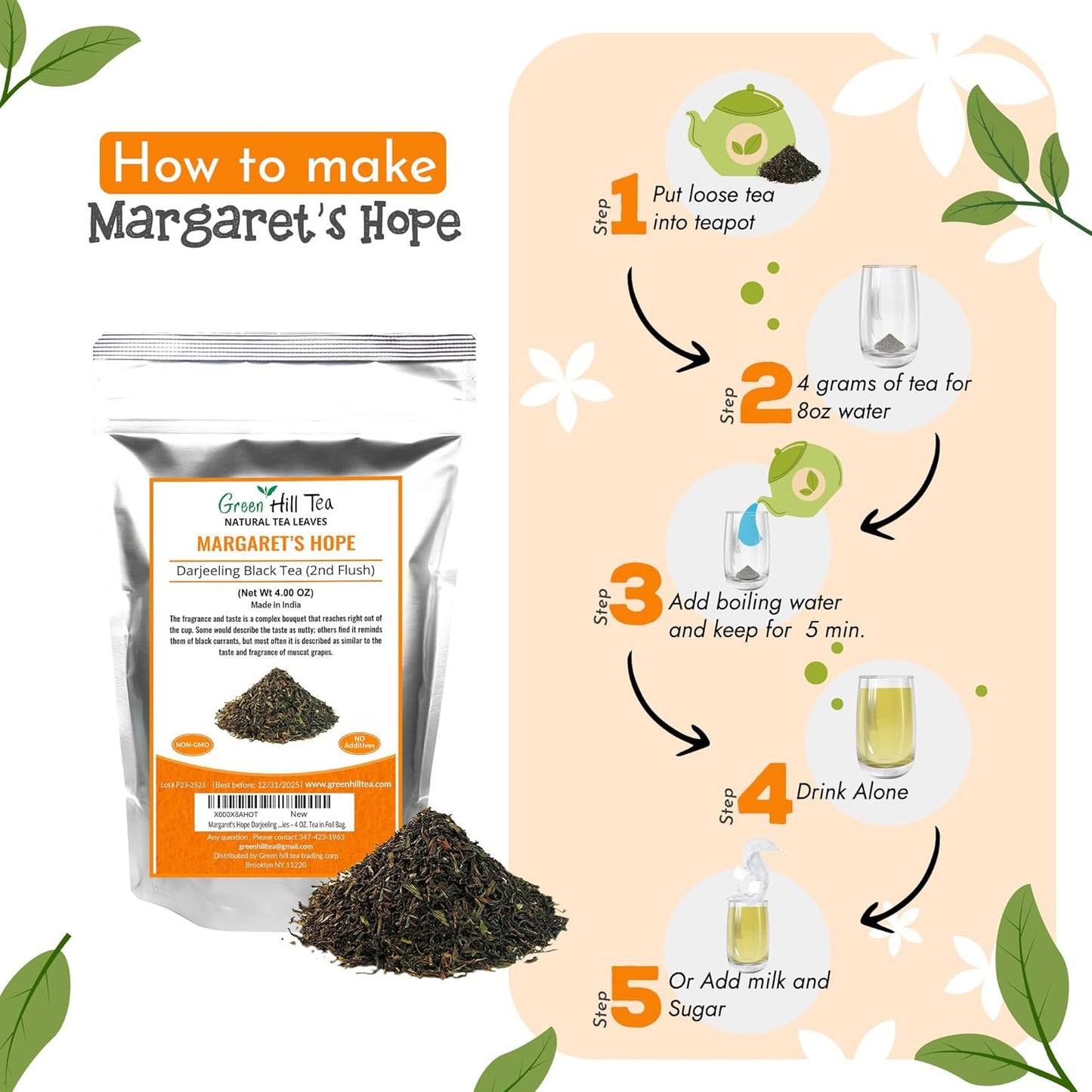 Greenhilltea - Darjeeling Margaret's Hope (TGFOP) Second Flush - Premium Loose Leaves Black Tea From Himalayas- Medium Caffeine-Mellow and aromatic with muscatel notes – 4 OZ. Tea in Foil Bag.