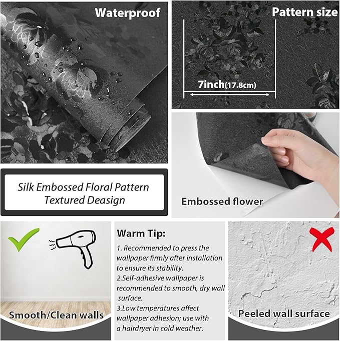 Black Peel and Stick Wallpaper 630inL 17.7inW Silk Embossed Floral Contact Paper - Image 8