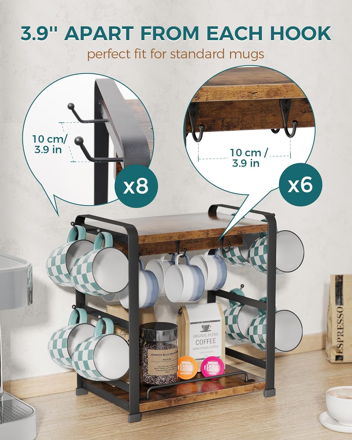 OROPY Wooden Coffee Bar Organizer with 14 Mug Hooks, 2 Tier Countertop Coffee Mug Holder Stand for Cups, Mugs, Syrups, Accessories