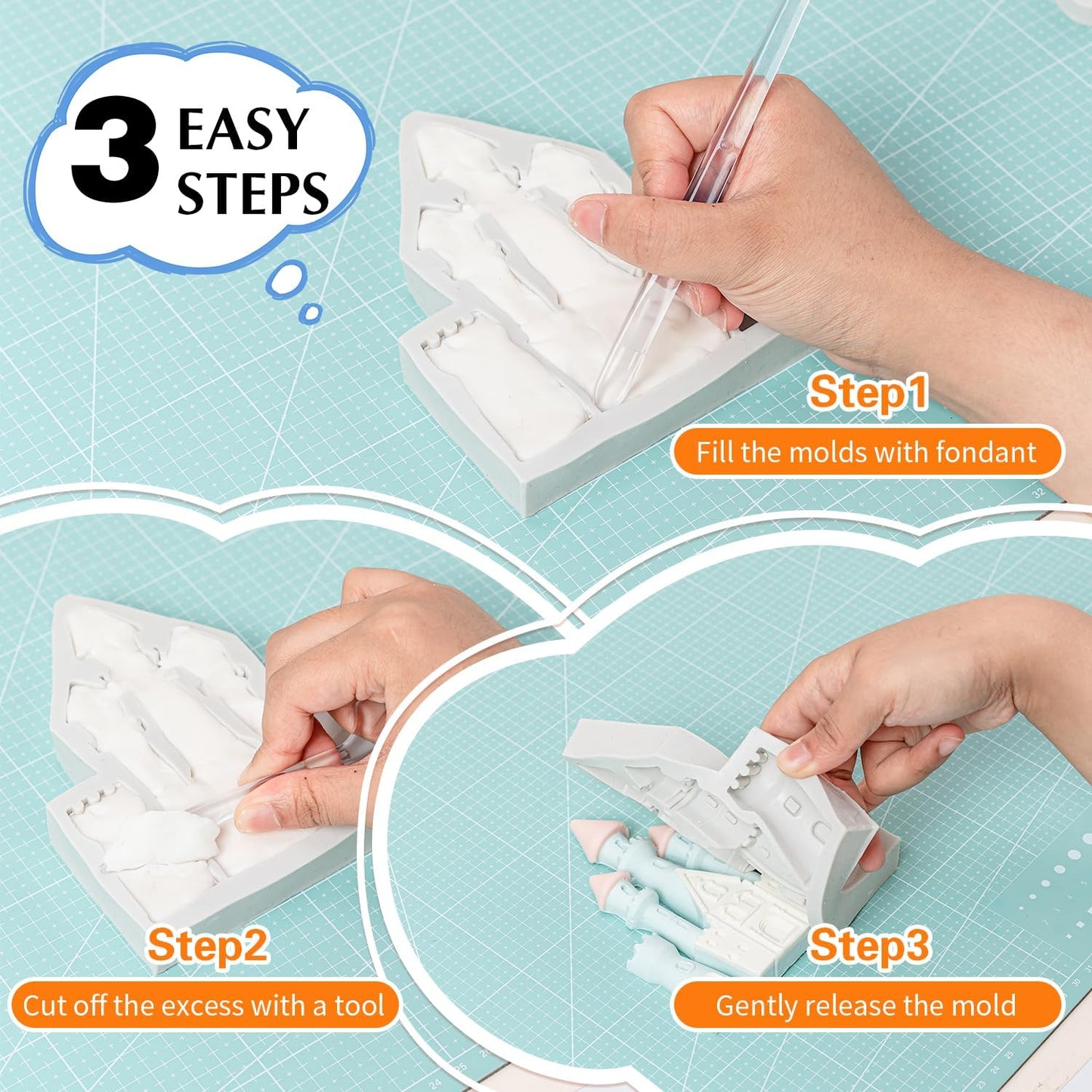 KALAIEN Castle Silicone Mold,3Pcs/Set Castle Cake Fondant Molds,Princess Chocolate Molds Castle Silicone Mirror Mould for Cake Decorating, FTM5036