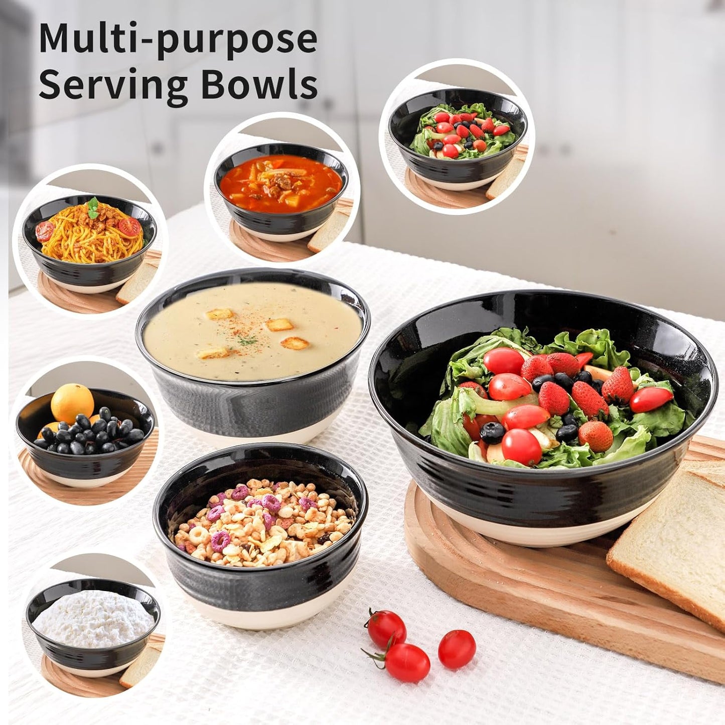 Hasense Porcelain Mixing Bowls for Kitchen, 84/40/20 Oz Large Salad Serving Bowls Set of 3, Unique Thanksgiving Bowls Set for Entertaining Cooking Baking Serving Food, Nesting Bowls, Black