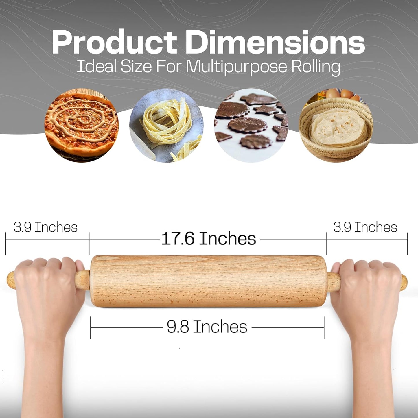 All-Purpose 17.6 Inch Beech Wood Non-Stick Rolling Pin - For Baking, Pizza, Pasta, Pie, Cookies, Pastry.