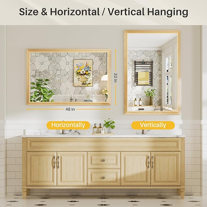 48x32 Inch Bathroom Mirror for Wall, Anti-Rust Oak Wood Grain Metal Framed - Image 7