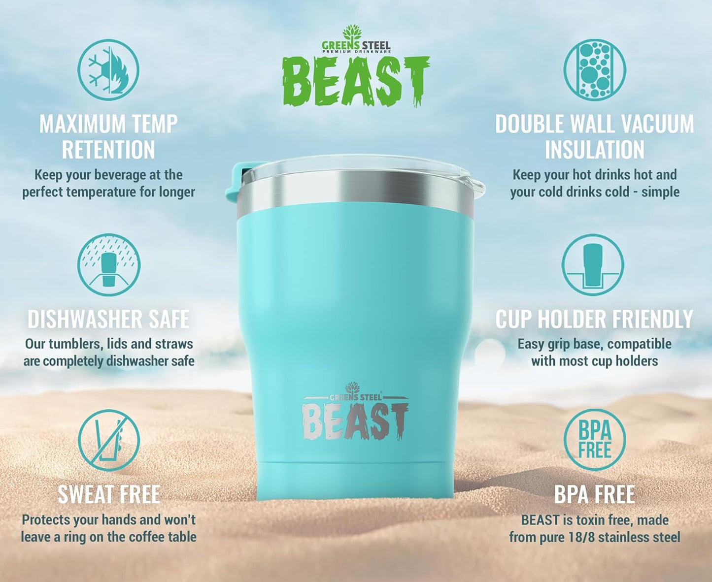 Beast 10 oz Tumbler Stainless Steel Vacuum Insulated Coffee Ice Cup Double Wall Travel Flask (Aquamarine Blue)