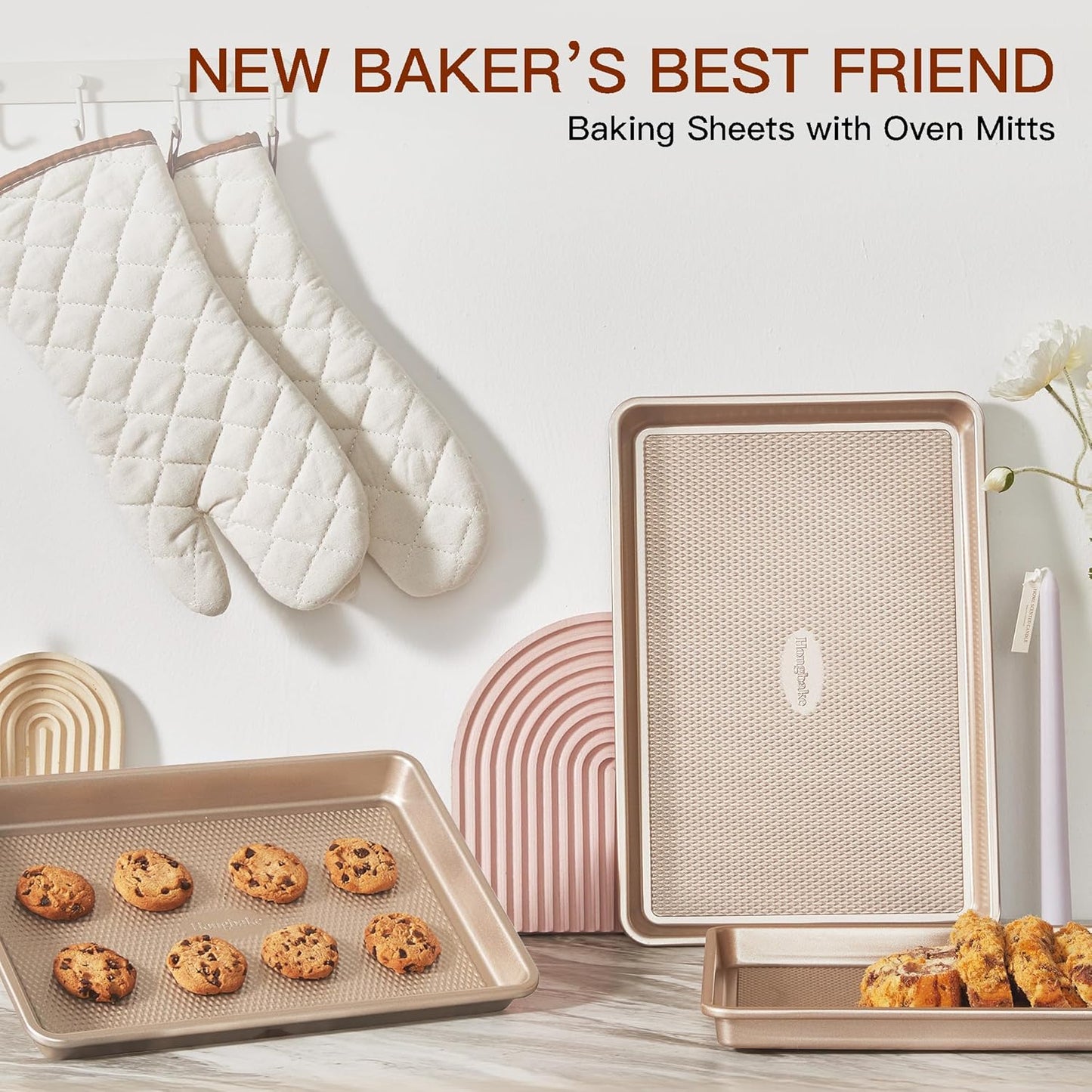 HONGBAKE 3 Pack Gold Nonstick Baking Sheet Pan Set with Oven Mitts Heat Resistant, Non-Toxic Half/Quarter/Jelly Roll Pans with Diamond Texture Pattern, Heavy Duty 0.8mm Thick Cookie Trays for Cooking