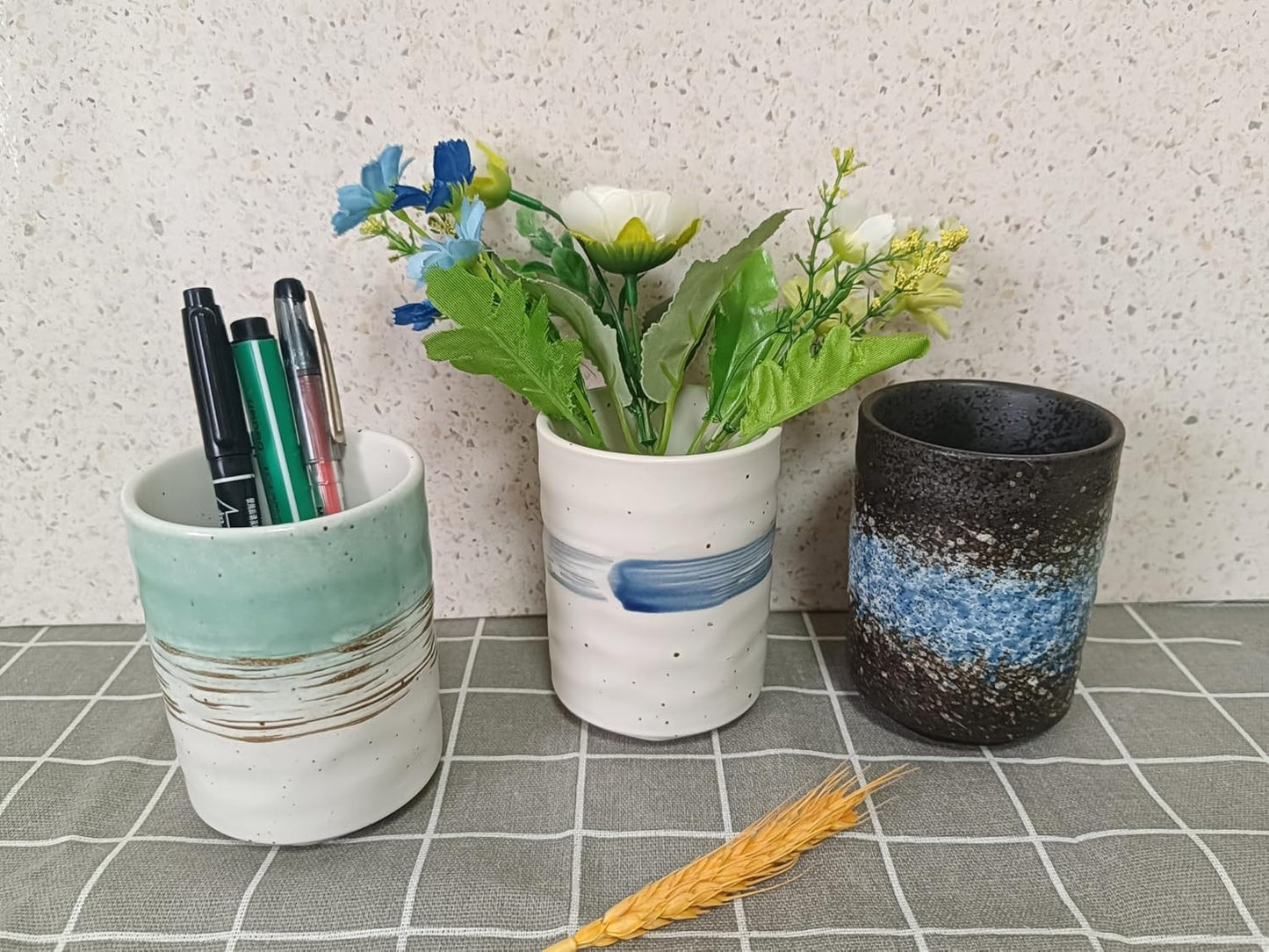 Stoneware Coffee Bar Utensil Holder Tea & Coffee Spoon & Stirrer Holder for Stir Stick Straw Teaspoon Holder Spoon Cup Small Utensil Jar (Green fields)