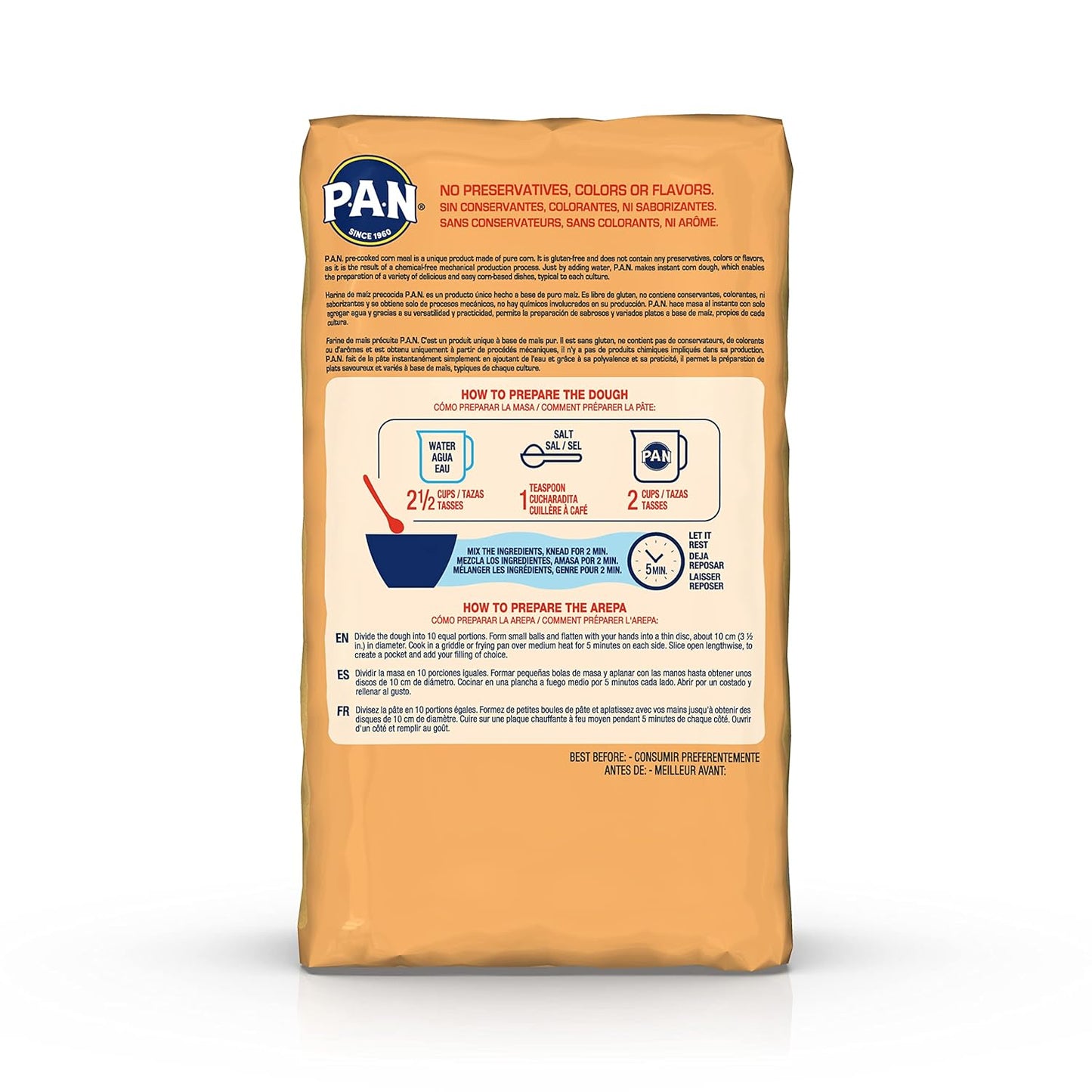 P.A.N. Yellow Corn Meal – Pre-cooked Gluten Free and Kosher Flour for Arepas, 2.27 kg (5 lb) (Pack of 4)