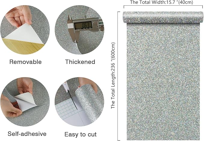 CHIHUT Peel and Stick Silver Holographic Glitter Wallpaper - Image 2