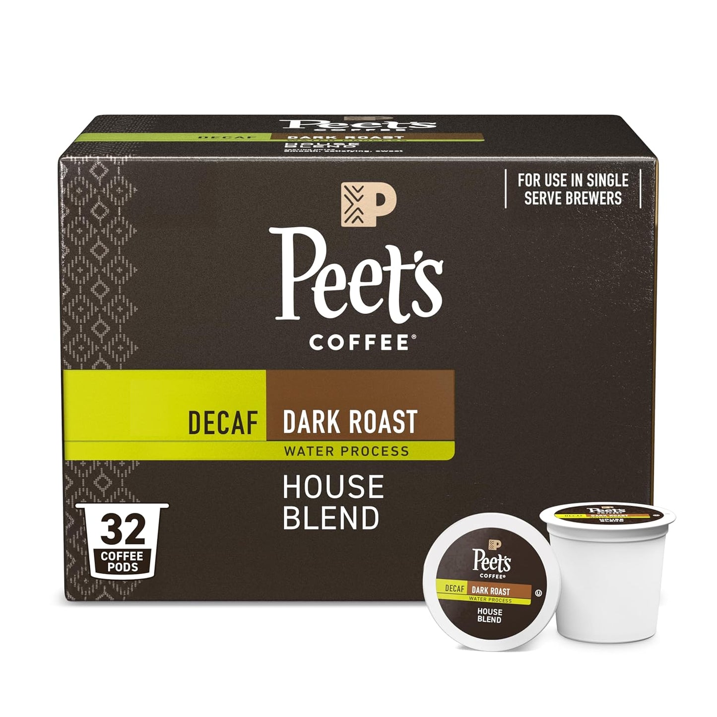 Peet's Coffee, Dark Roast Decaf Single Serve Coffee Pods - Decaf House Blend 32 Count (1 Box of 32 Pods)