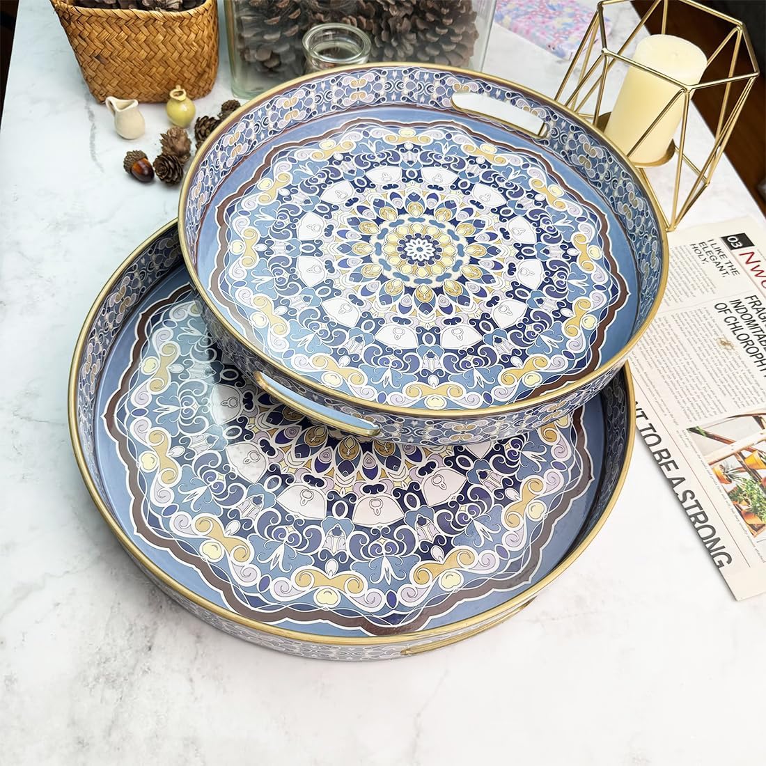 Round Decorative Trays Set of 2, Modern Plastic Serving Tray with Handles for Living Room, Coffee Table, Kitchen, Ottoman, Boho Blue, Large 13", Small 11.8"