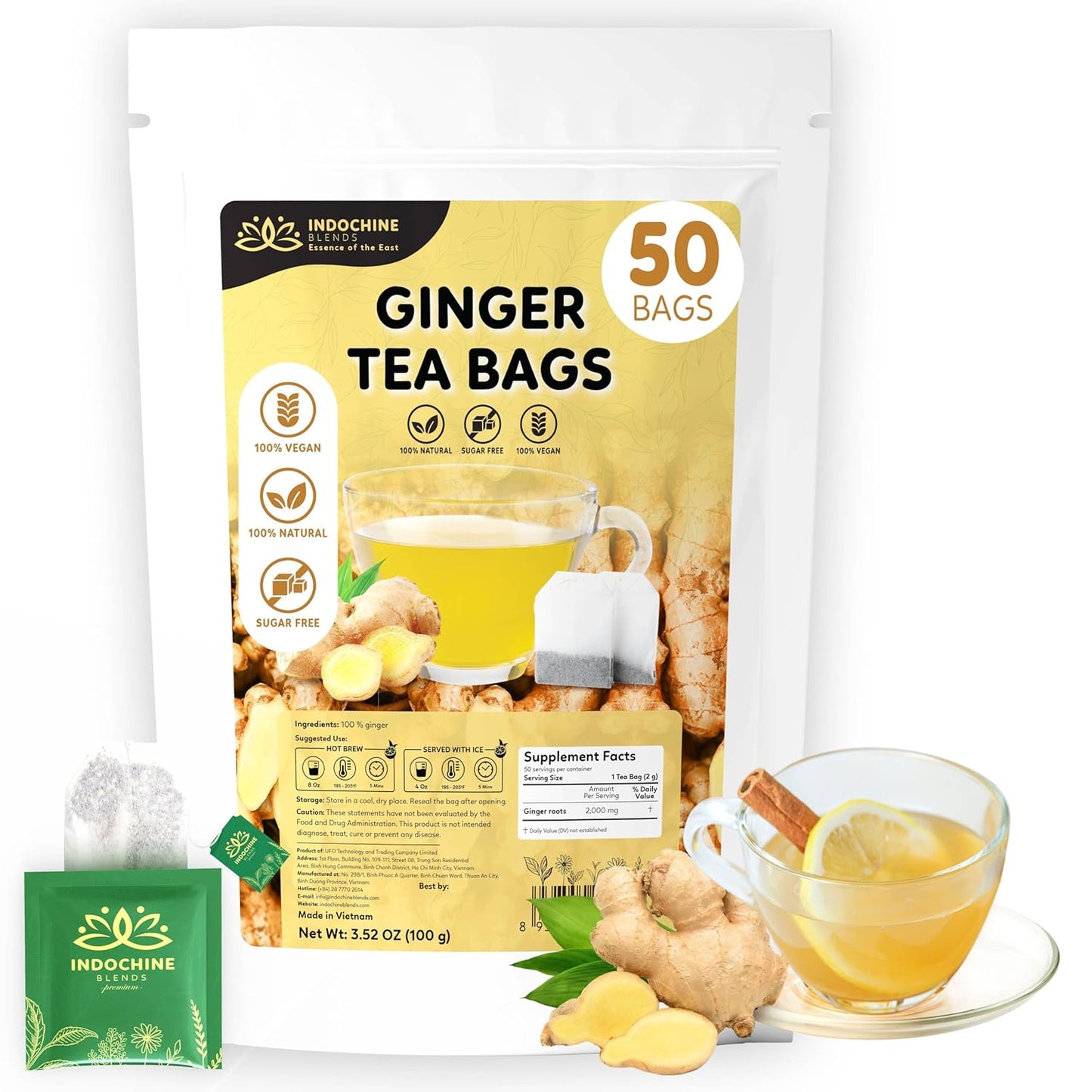Indochine Blends, Ginger Tea Bags, 50 Teabags, 2g/bag, Individually Wrapped Envelopes, Caffeine-free, No Sugar, Healthy Belly Herbal Tea Supports Digestion & Boosts the Immune System