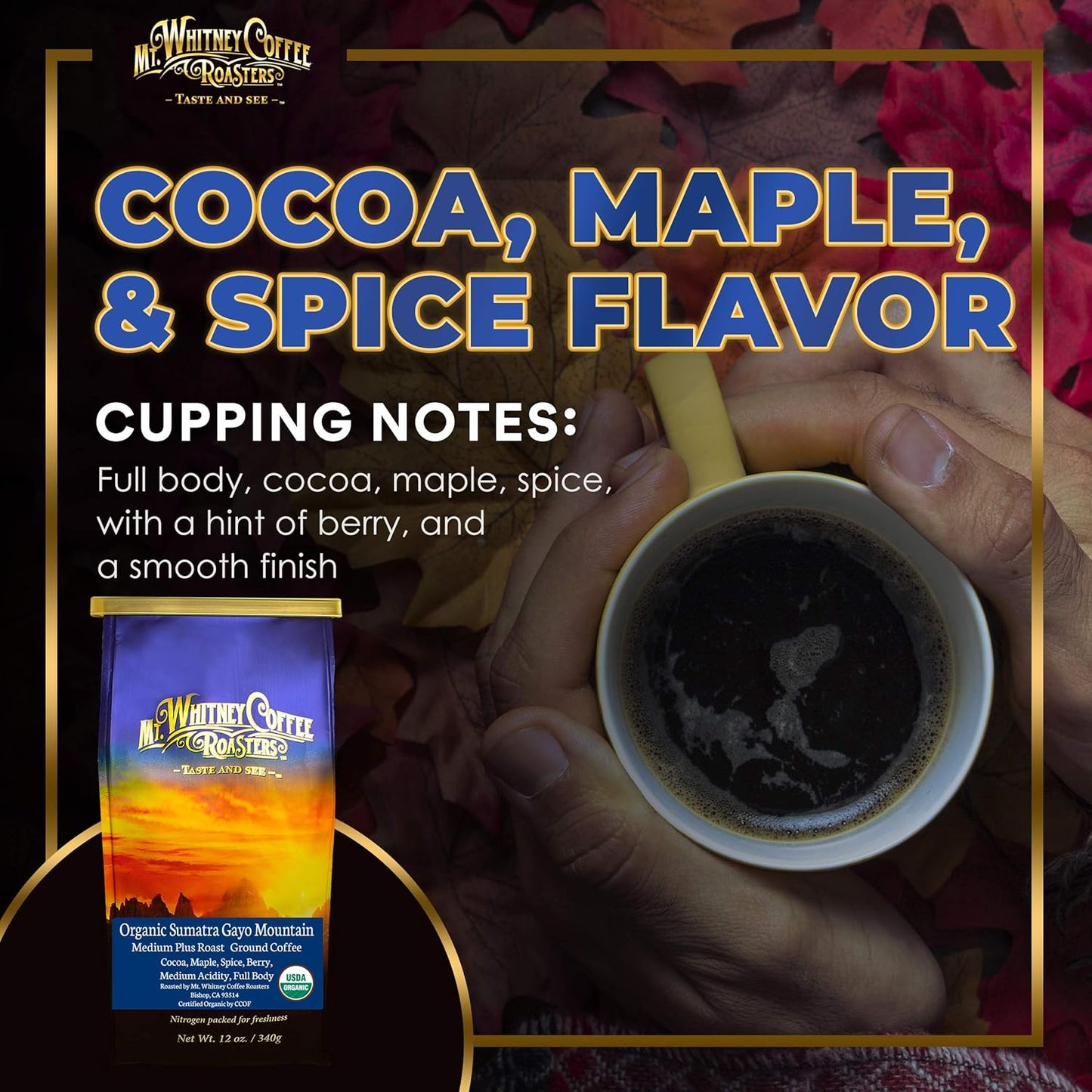 Mt. Whitney Organic Gayo Mountain Sumatra, Medium Dark Roast, Low Acid Coffee (Ground, 12 Oz)