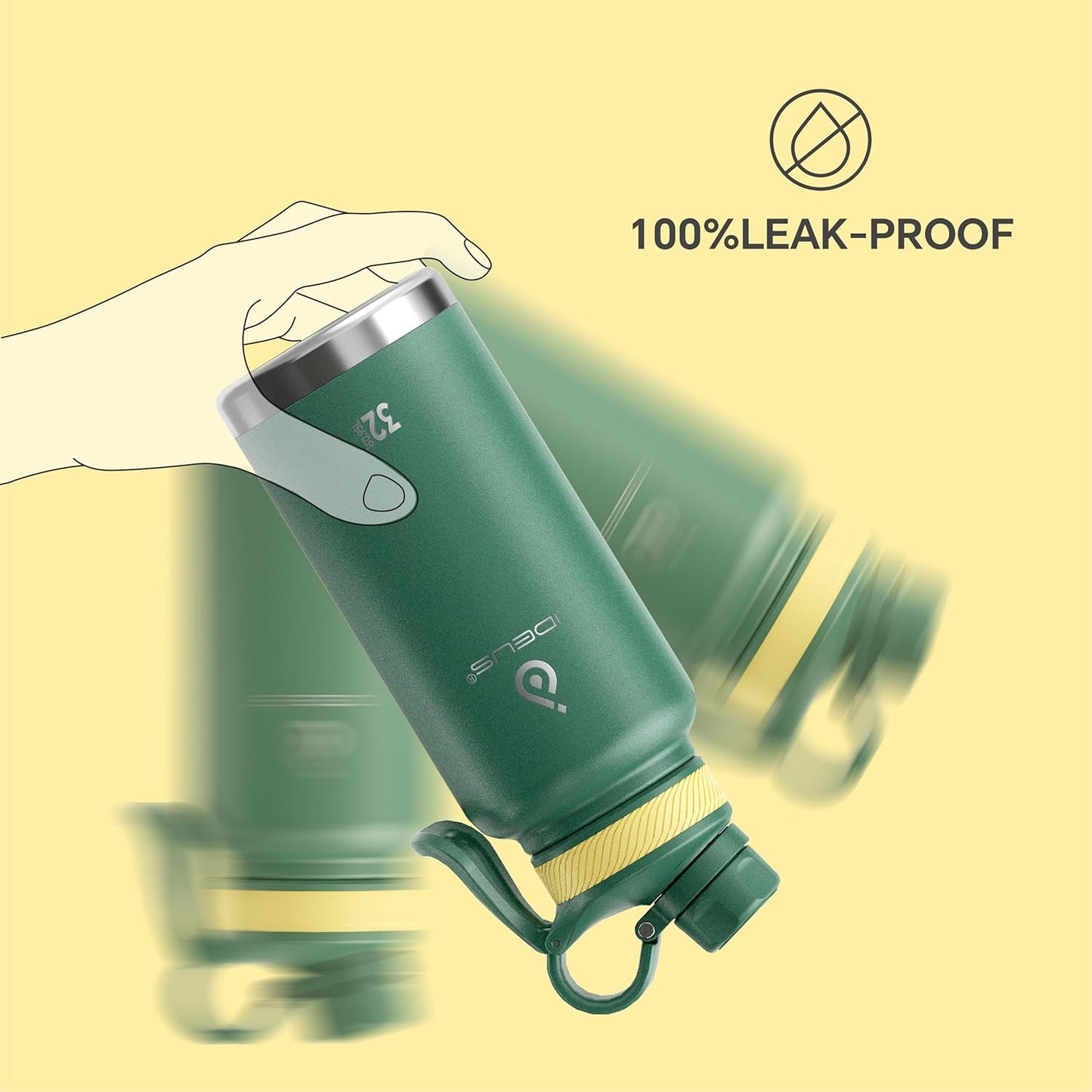 IDEUS Insulated Stainless Steel Water Bottle with 2 Leak-Proof Lids, Thermal Water Flask for Hiking Biking, 32oz, Green