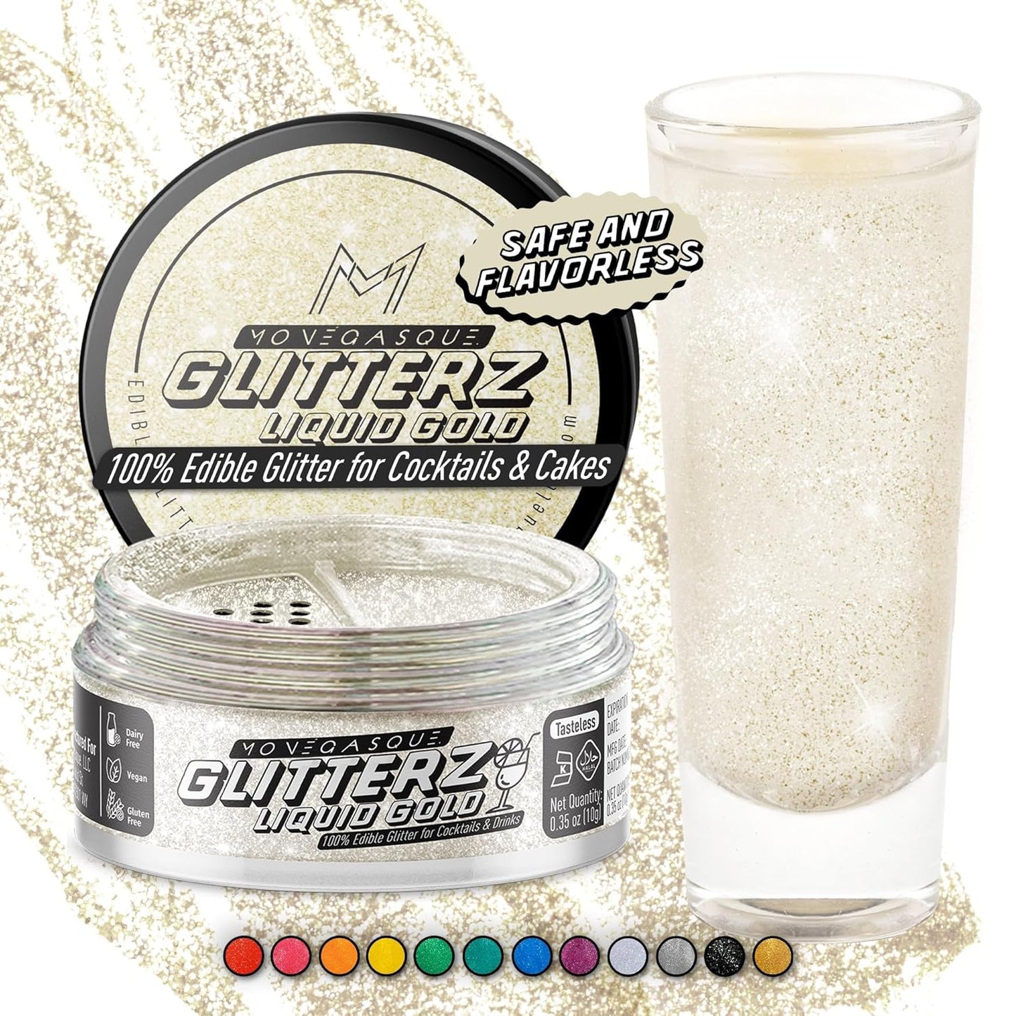 MONÉGASQUE Gold Iridescent Edible Glitter for Drinks 10g – Liquid Gold Edible Glitter for Cakes & Cocktails – Halloween Cocktail Drink Shimmer Sparkles – Decorating Sprinkles for Cupcakes & Cake