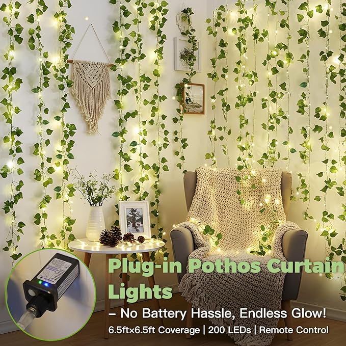 suddus 200 LED Vine with Light Plug in, 6.5ft x 6.5ft Pothos Fairy Curtain - Image 2