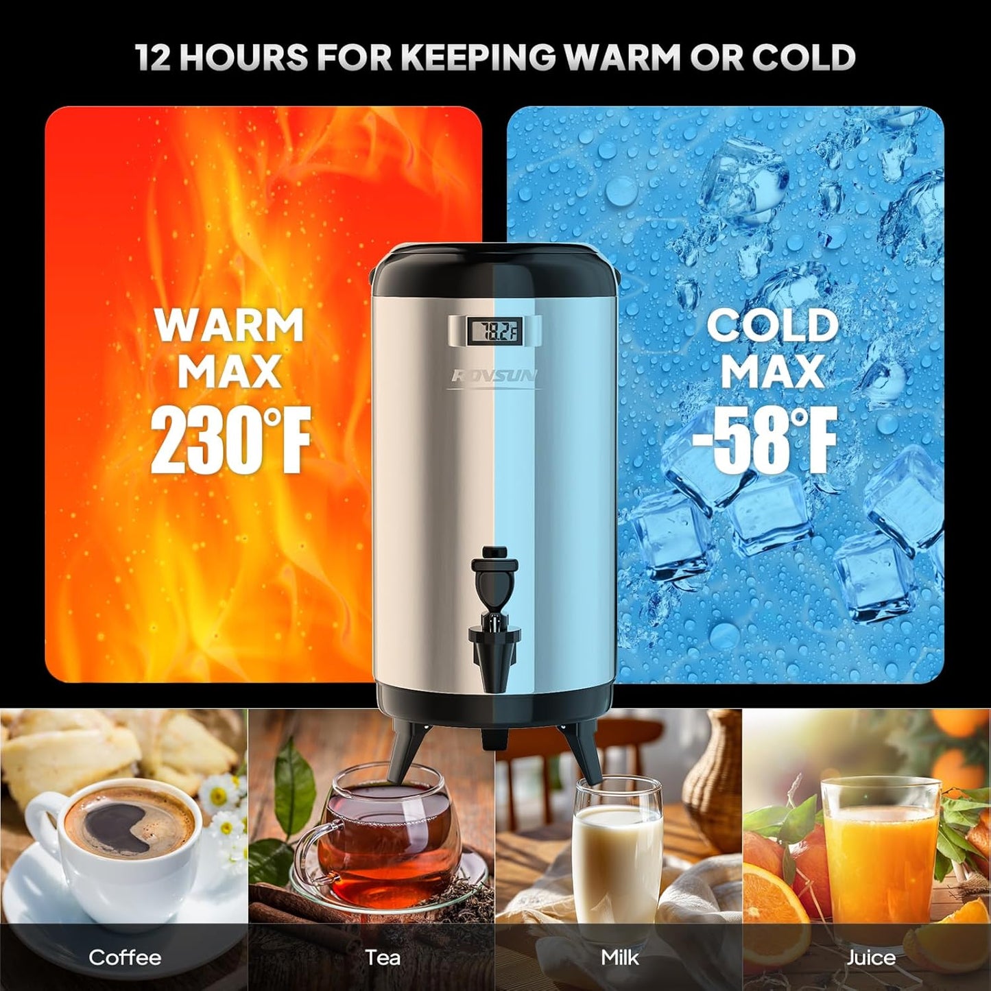 ROVSUN 3.2 Gallon Insulated Beverage Dispenser, Stainless Steel Hot and Cold Drink Dispenser, Ice and Hot Drink Server w/Spigot, Hot and Cold Beverage Server for Coffee, Tea, Milk & Juice